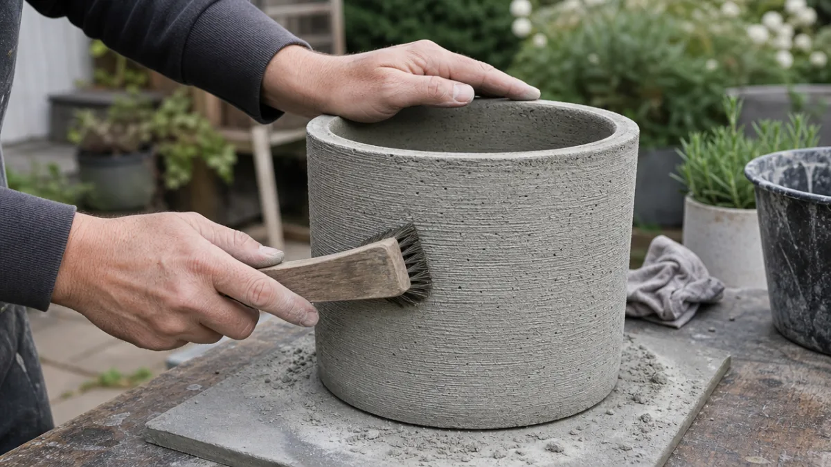 hands applying wire brush texture to a semi-cured concrete planter on an…