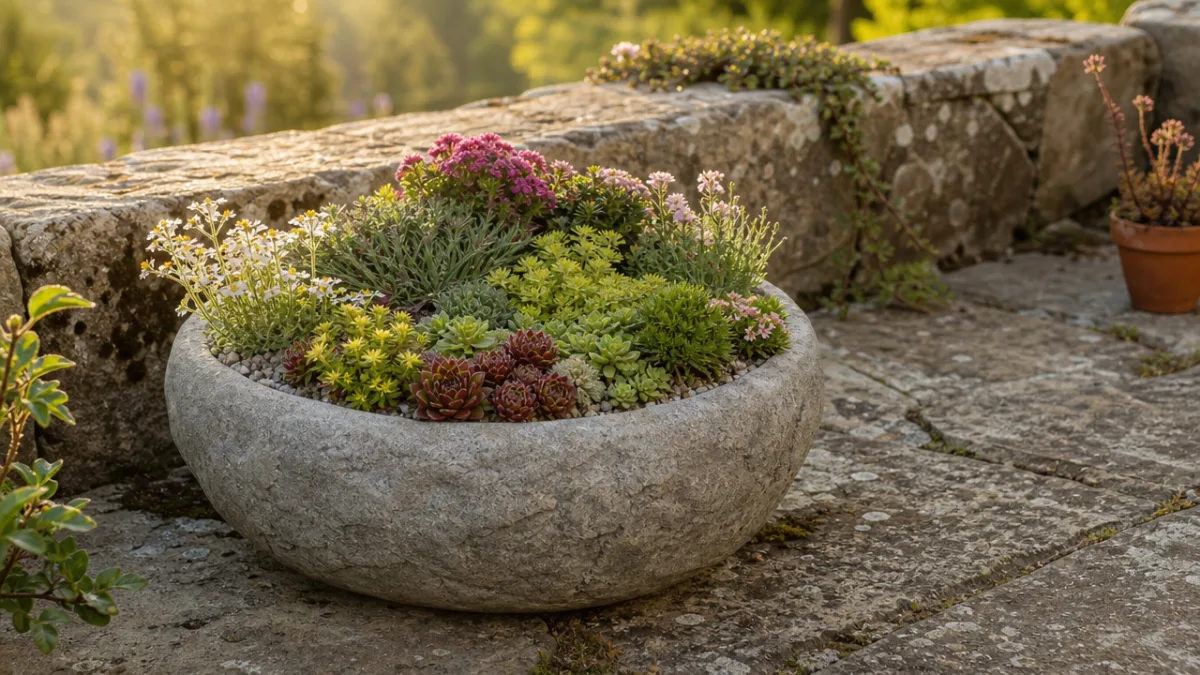 a finished faux-stone concrete planter filled with alpine plants and sedums on…