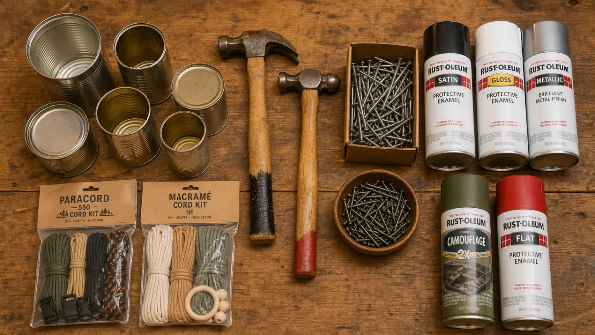 a flat lay of tin cans, hammers, nails, cord kits and spray…