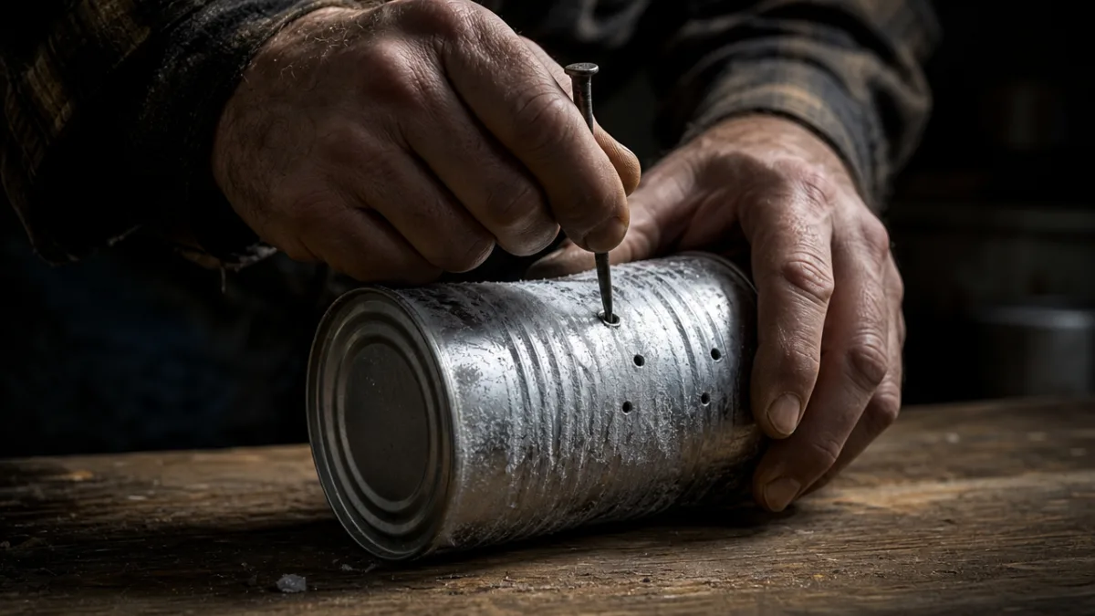 hands punching nail holes into a frozen tin can on a wooden…