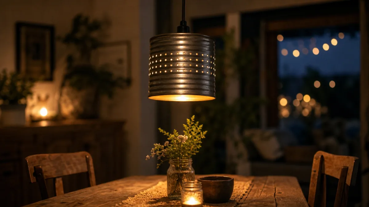 a finished tin can pendant light glowing warmly above a rustic dining…
