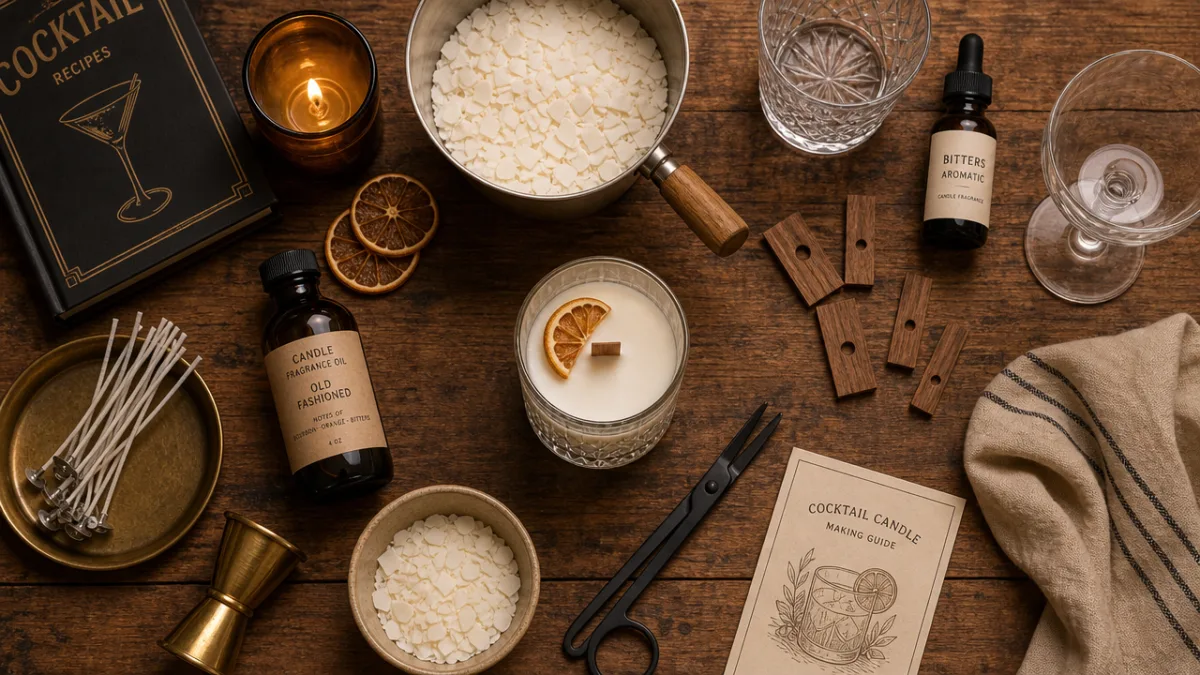 a flat lay of cocktail candle making supplies on a rustic wooden…