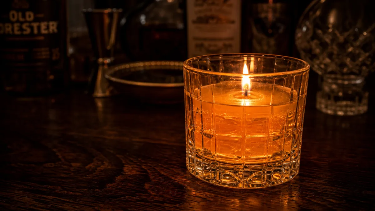 a lit Old Fashioned jelly candle glowing amber on a dark oak…