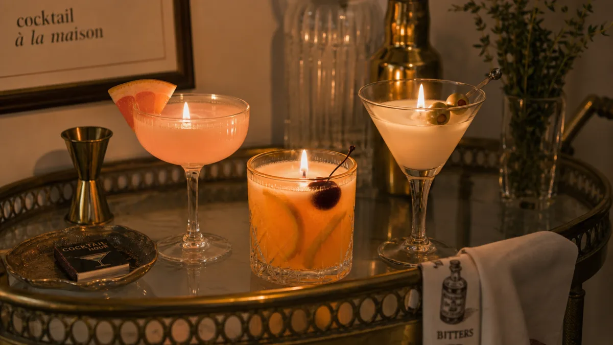 three cocktail jelly candles styled on a vintage brass bar cart with…