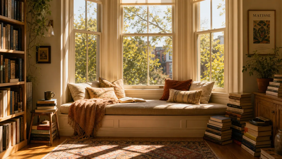 a sunlit bay window alcove with a cushioned window seat surrounded by…