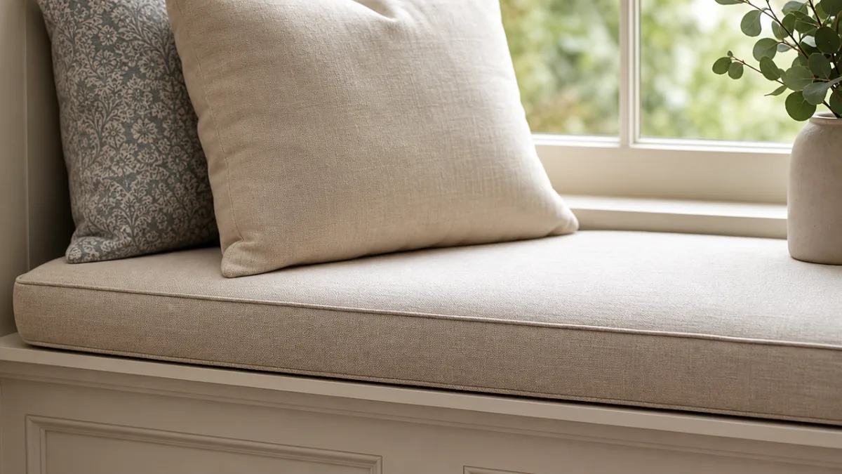 a close-up of a neatly upholstered window seat cushion in a soft…