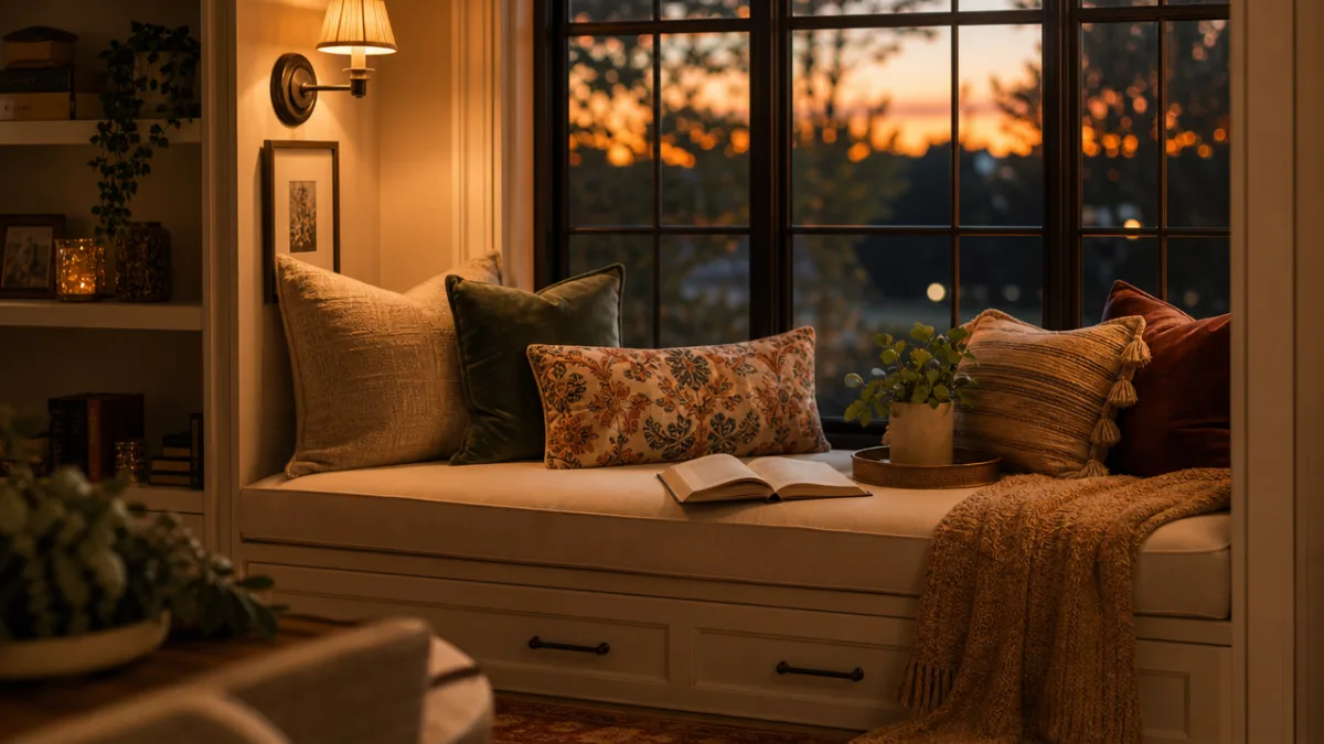 a stylishly decorated window seat nook with layered throw pillows, a small…