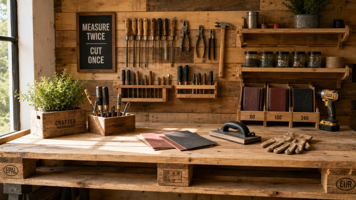 a well-organized workshop table with wooden pallets, tools, and sandpaper in warm…