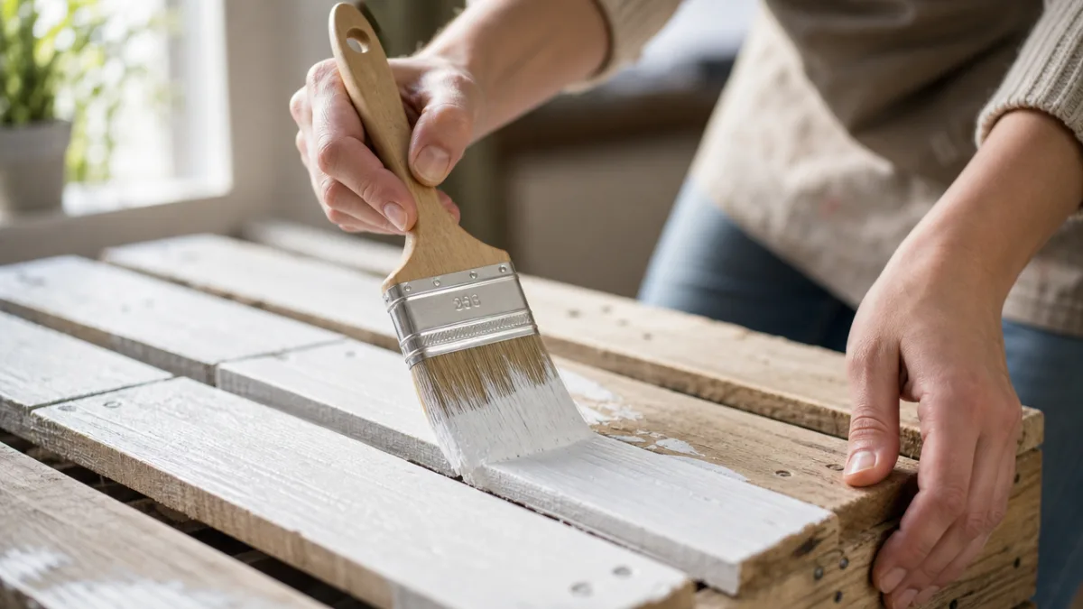 close-up of hands painting wooden pallet with white paint, soft daylight streaming…