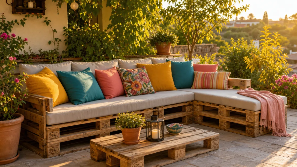 a finished pallet sofa with colorful cushions on a sunny garden terrace,…