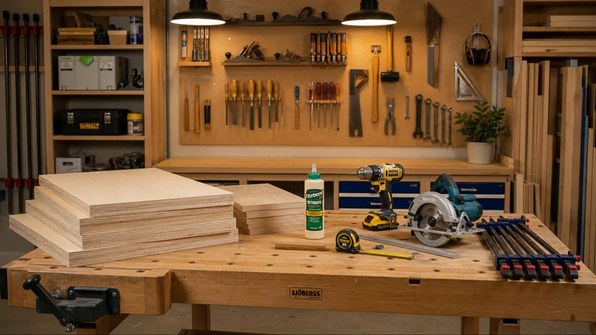 a well-lit workshop workbench with plywood sheets, power tools, clamps, and wood…