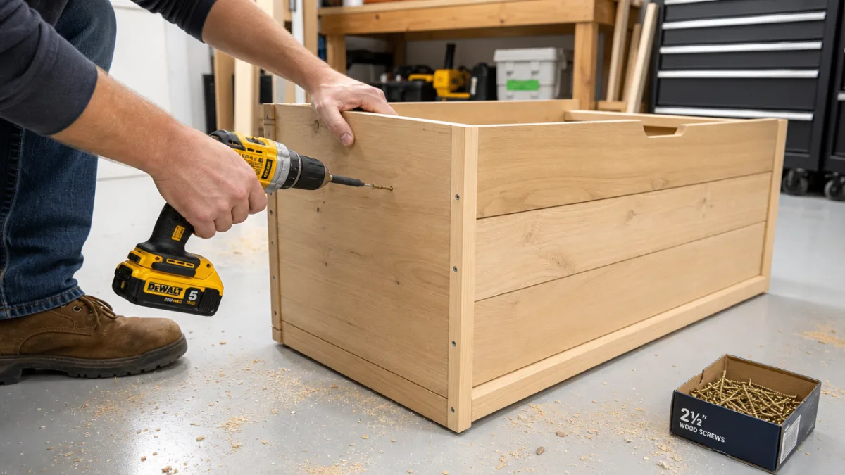 hands assembling a wooden storage bin with a drill, sawdust on a…