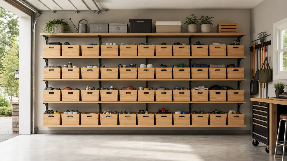 a beautifully organized garage wall with rows of matching wooden storage bins…