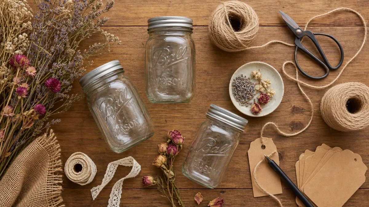 a flat lay of mason jars, dried flowers, twine, and craft supplies…