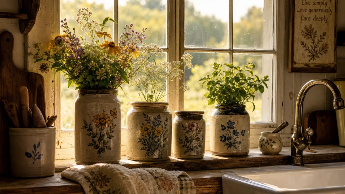 a rustic farmhouse kitchen windowsill with handmade floral jars in morning sunlight,…