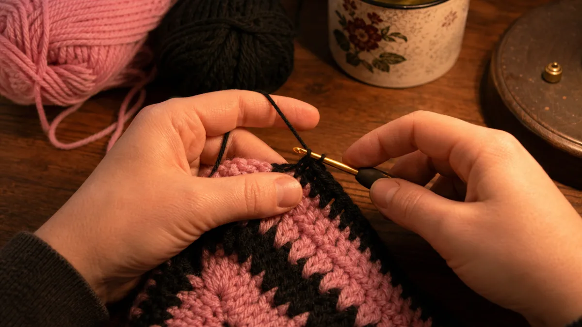 a close-up of hands crocheting pink and black yarn on a wooden…