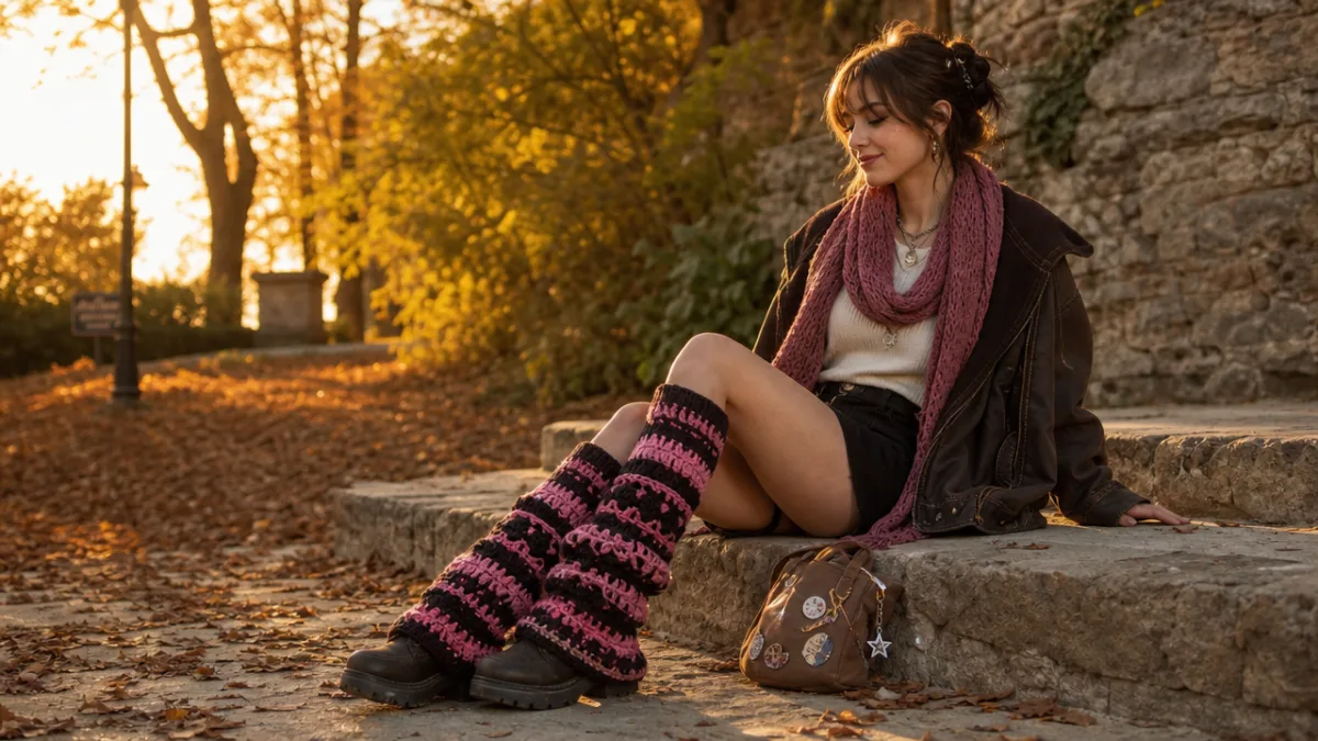 a person wearing pink and black crochet leg warmers with a cozy…