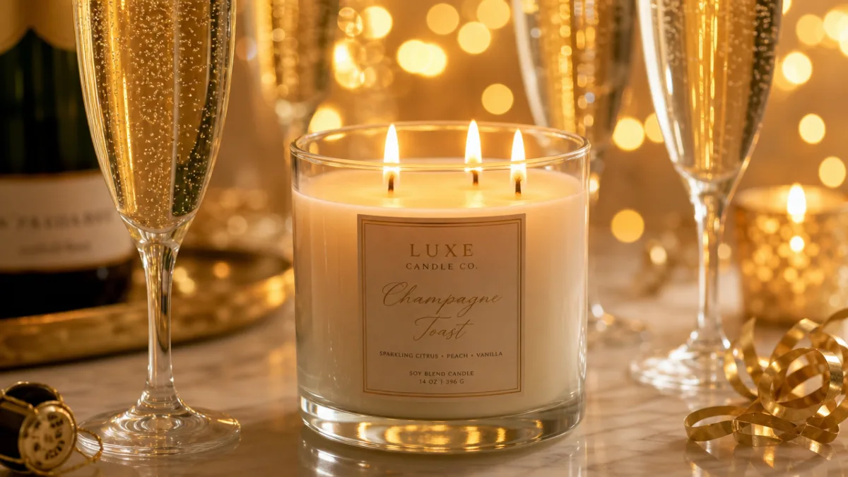 a lit three-wick candle in a glass jar surrounded by champagne flutes…