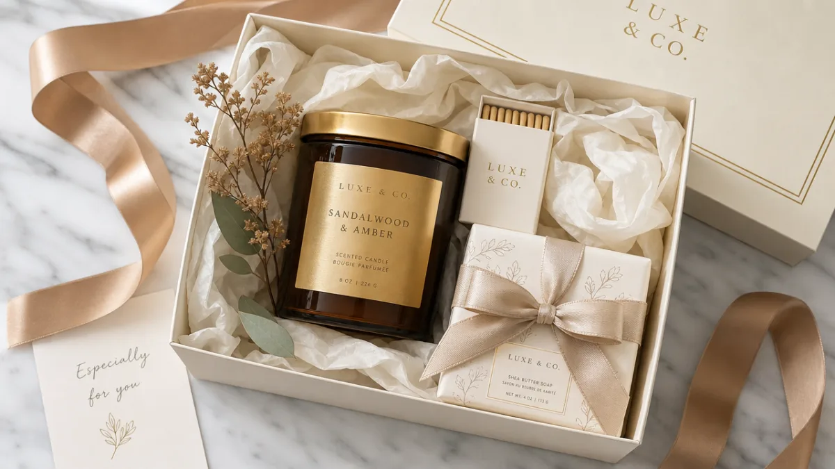 an elegantly arranged gift set with gold-labeled candle jar, ribbon, and tissue…