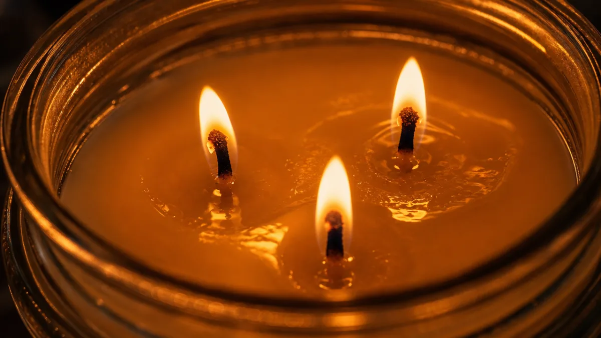 close-up of three glowing candle wicks in melted wax inside a glass…
