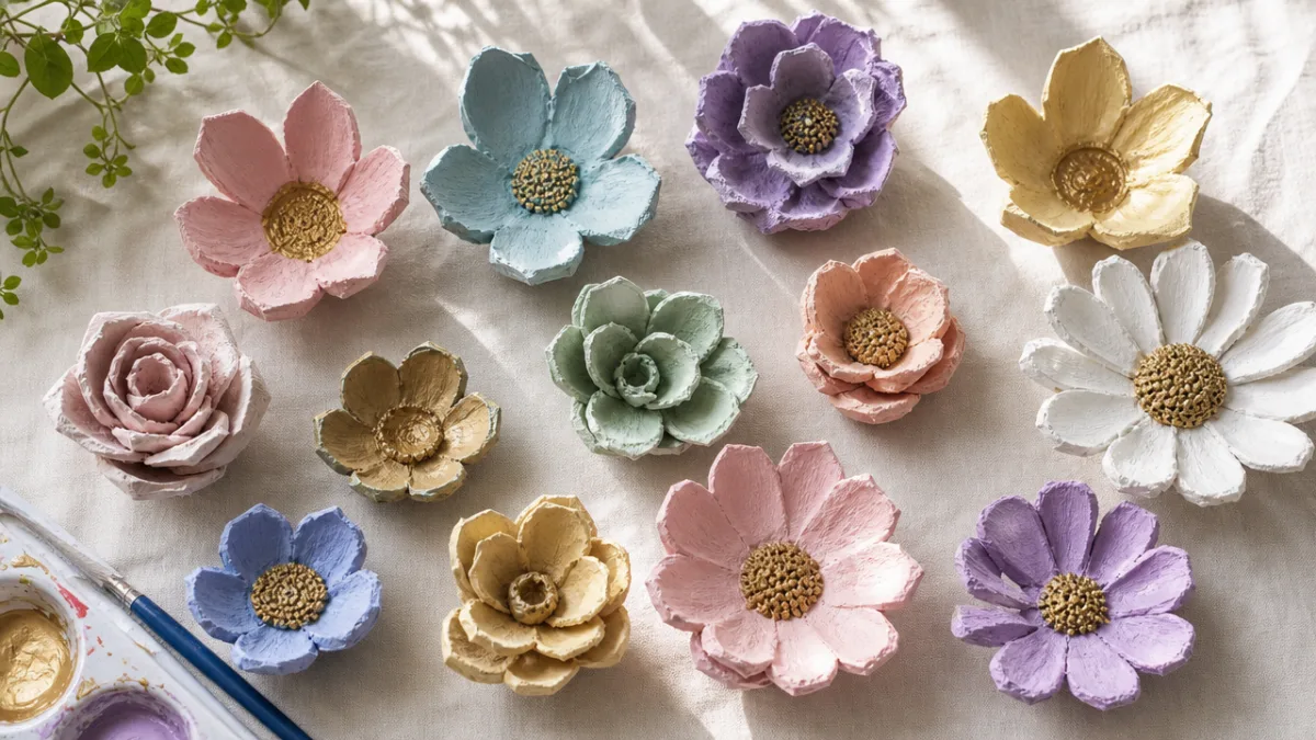 a flat lay of handmade egg carton flowers painted in pastel and…