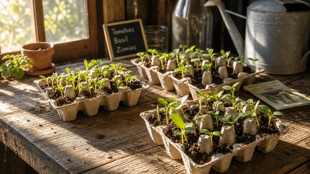 a rustic wooden table with egg carton seed trays holding green seedlings,…