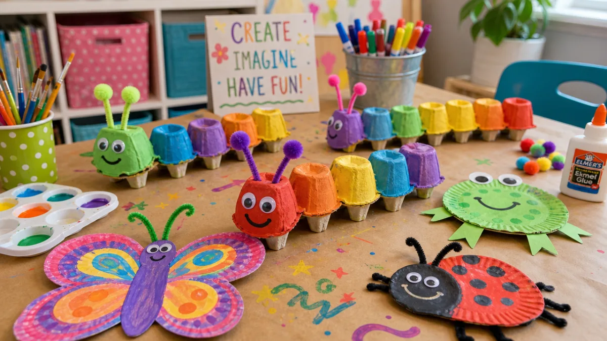 a colorful children's craft table with egg carton caterpillars and painted creatures,…