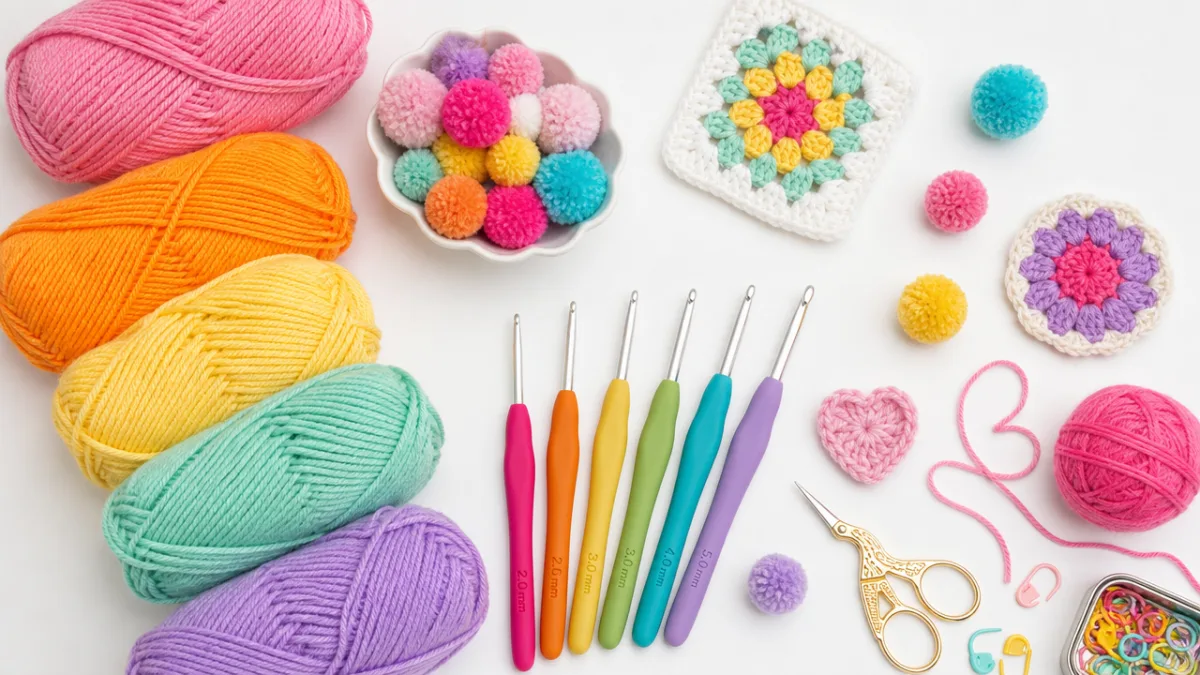 a flat lay of colorful crochet supplies including bright yarns, hooks, and…