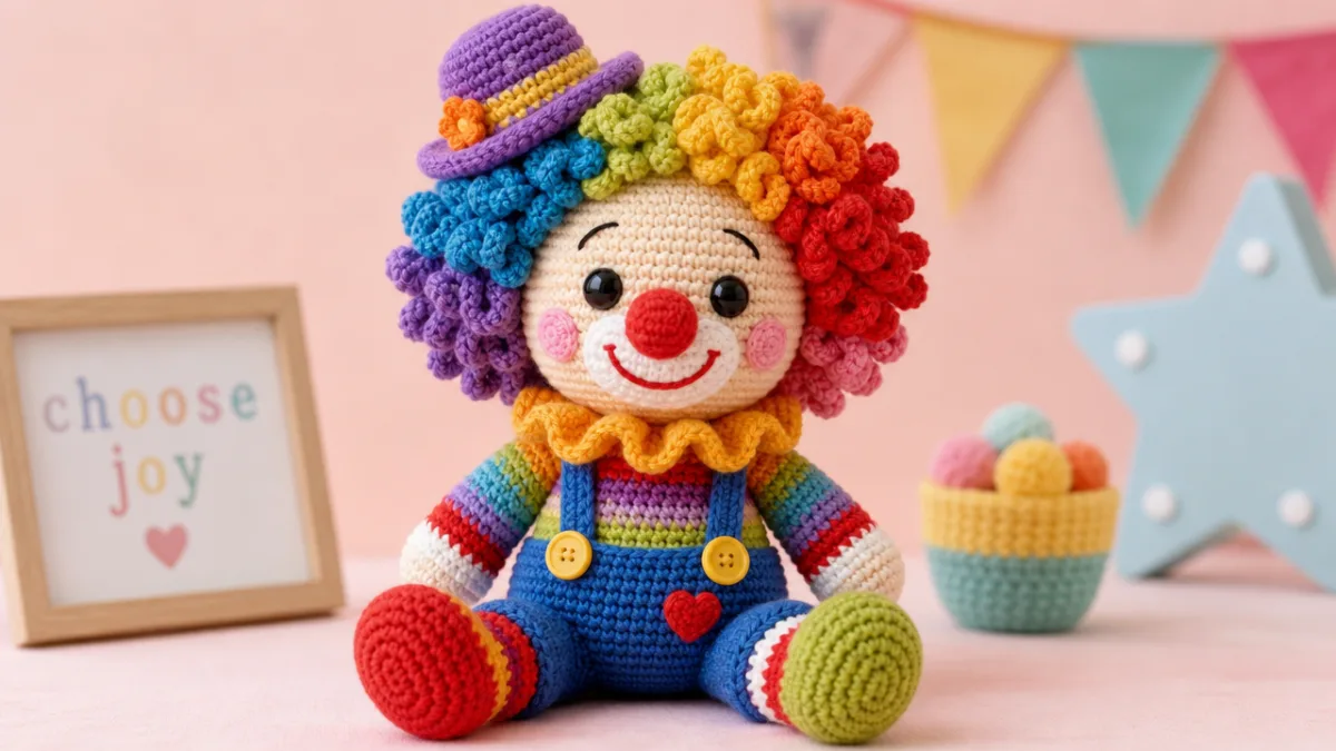 a cheerful crocheted clown amigurumi doll with bright multicolored yarn hair on…