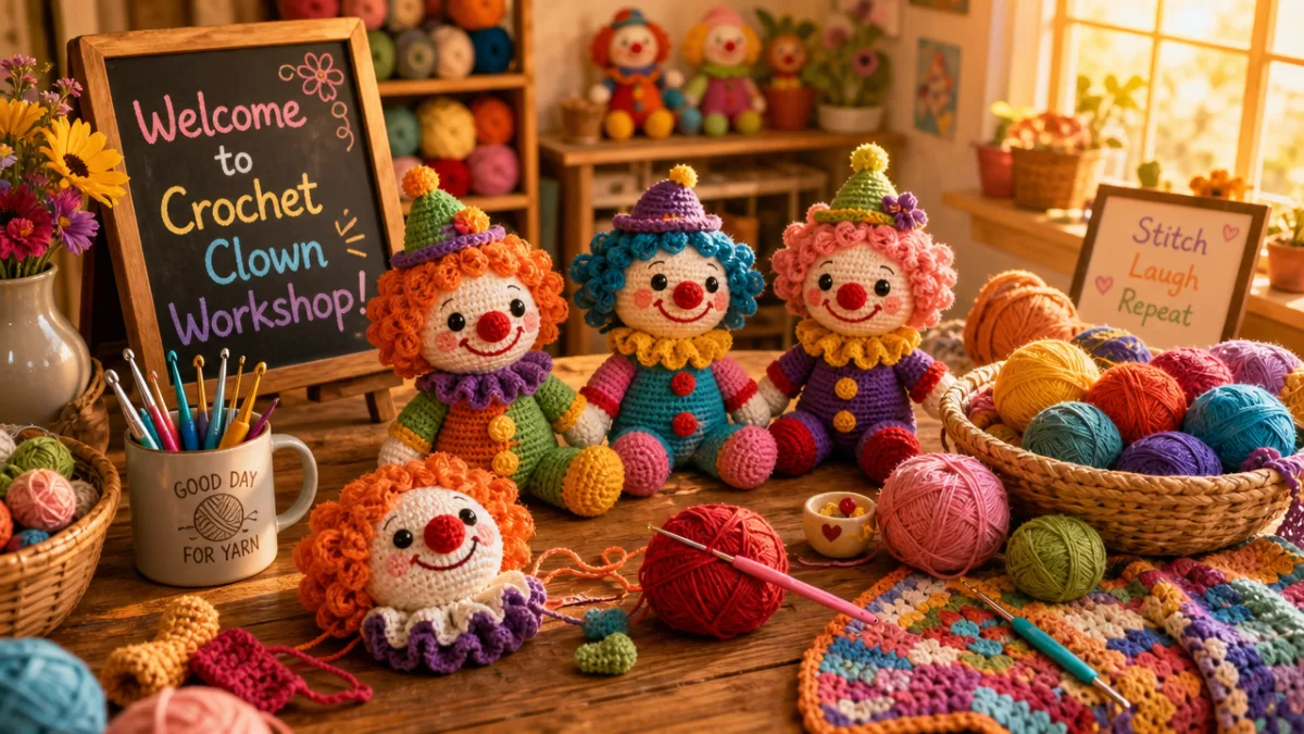 a colorful crochet workshop setting with yarn and finished clown projects on…