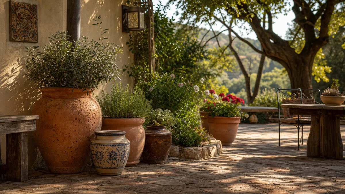 a rustic outdoor patio with terracotta pots and ceramic containers arranged near…