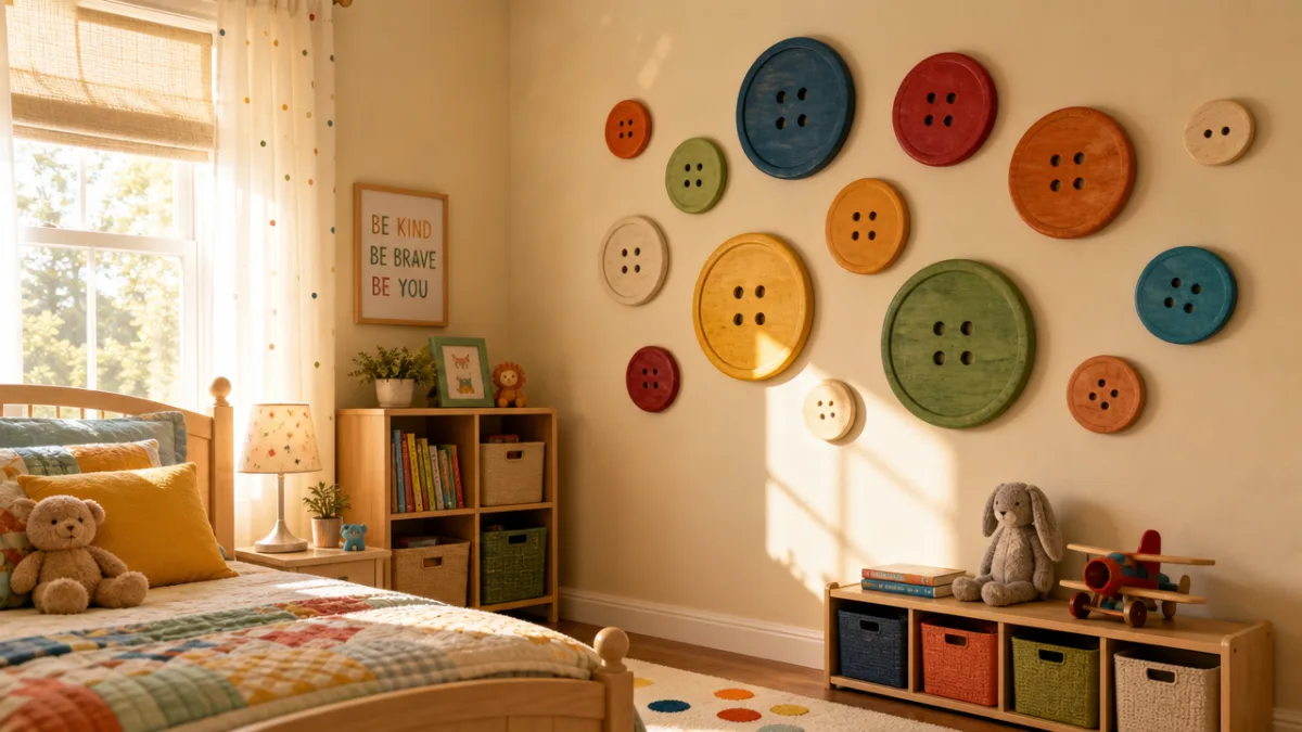 a cozy children's bedroom wall decorated with large colorful wooden buttons as…