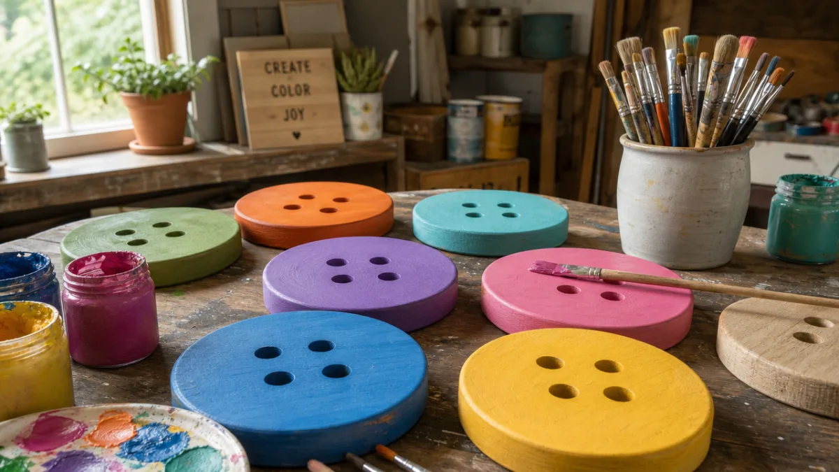 a crafting table with giant wooden buttons being painted in bright colors,…