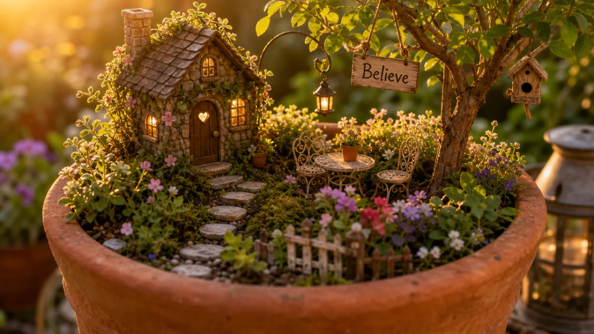 a lush miniature fairy garden in a terracotta pot, soft golden hour…