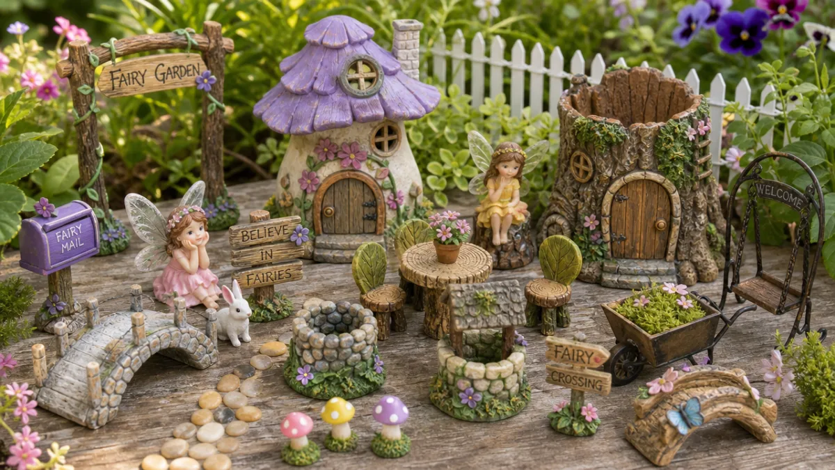 an array of themed fairy garden accessories and miniature decorations, bright natural…