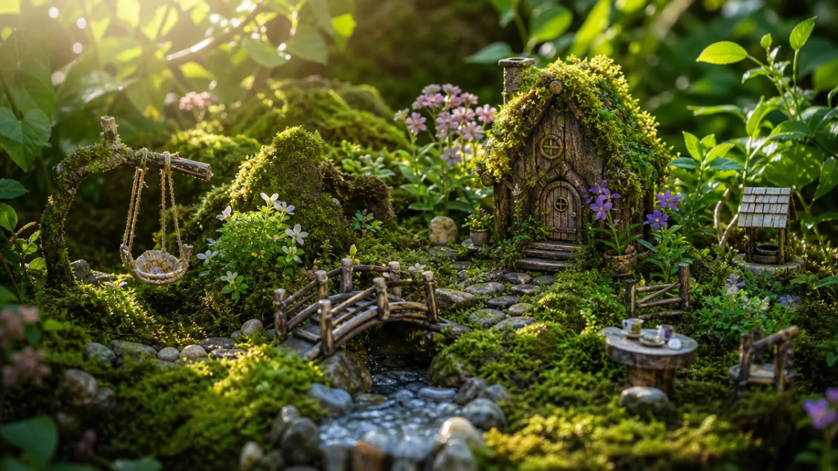 a thriving outdoor fairy garden with moss and tiny plants, dappled morning…