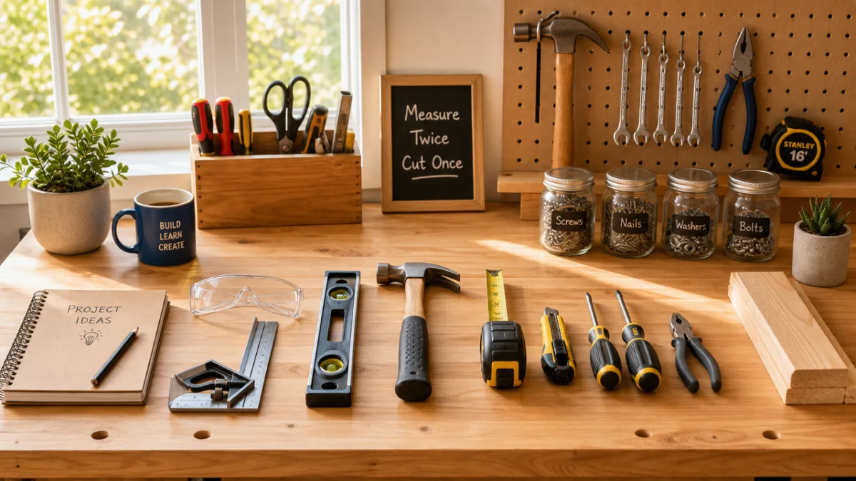 a neatly organized wooden workbench with beginner DIY tools laid out in…