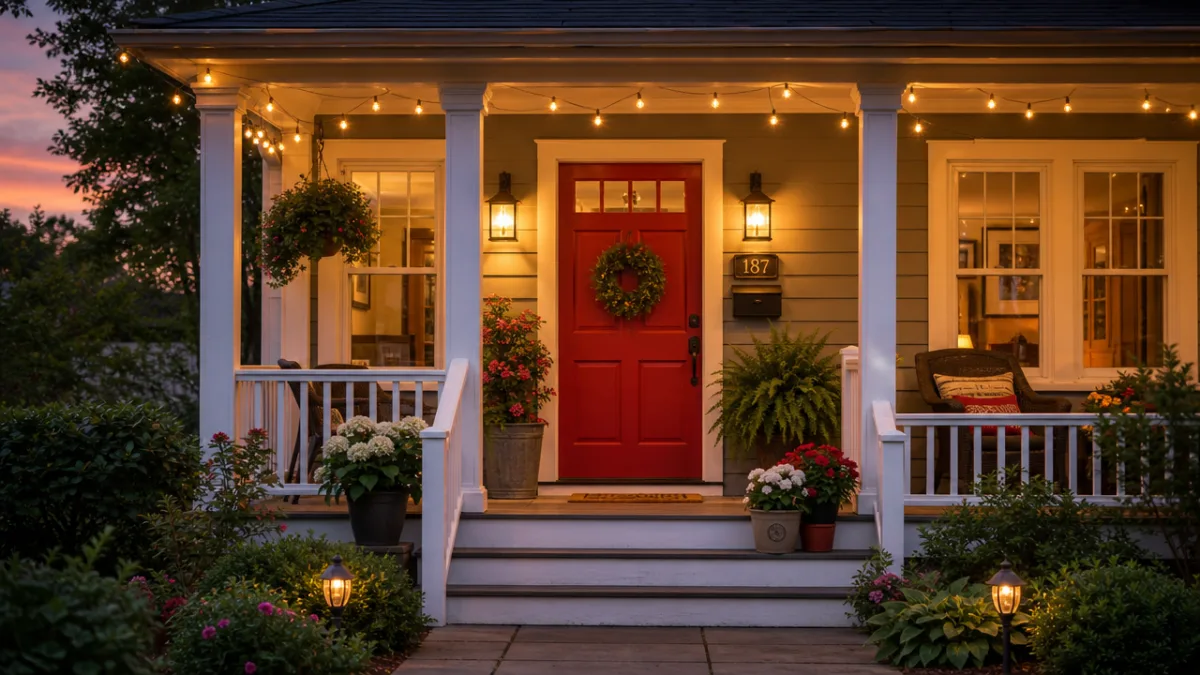 a charming front porch with a freshly painted red door, potted plants,…