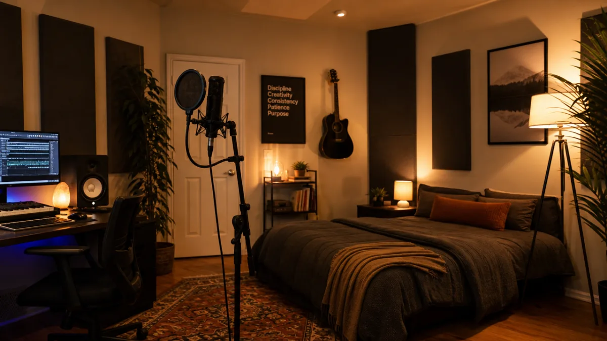 a warmly lit home studio bedroom with acoustic panels on walls, a…