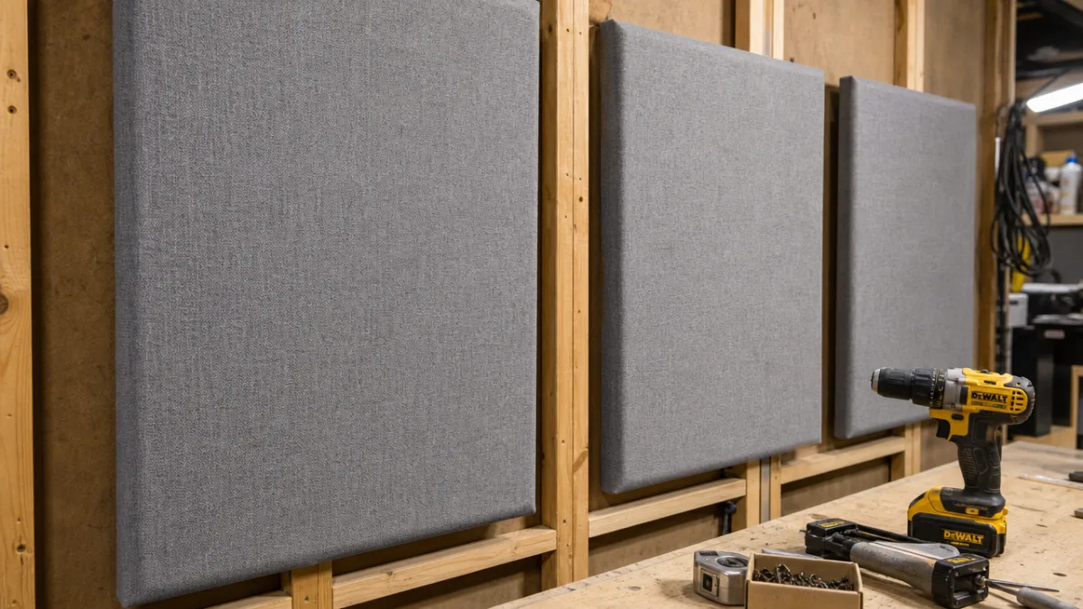 close-up of DIY acoustic panels covered in gray fabric mounted on wooden…