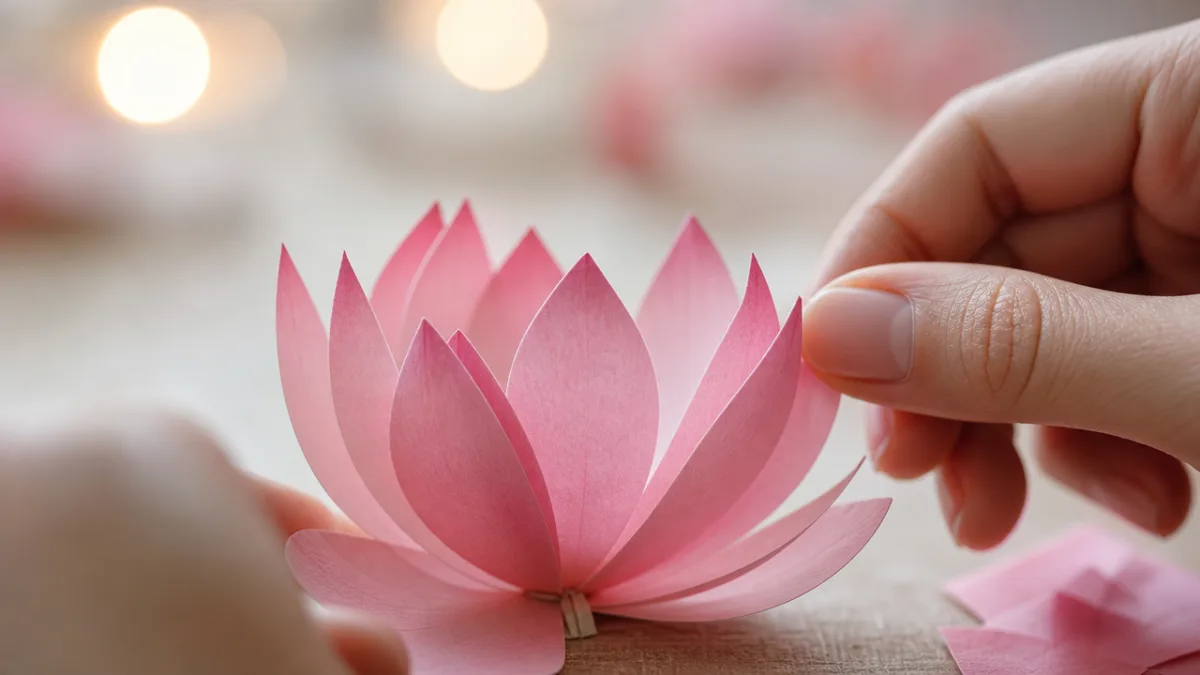 close-up of half-assembled pink paper lotus petals being gently shaped, soft diffused…