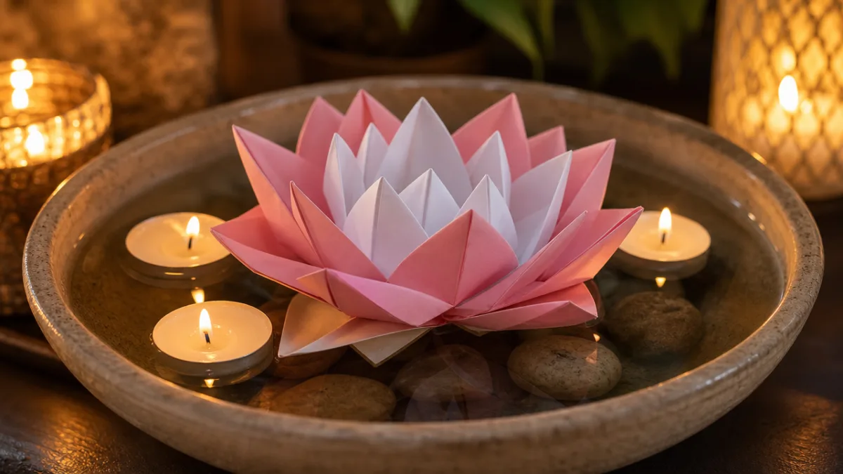 finished white and pink paper lotus displayed in shallow water bowl, candles…