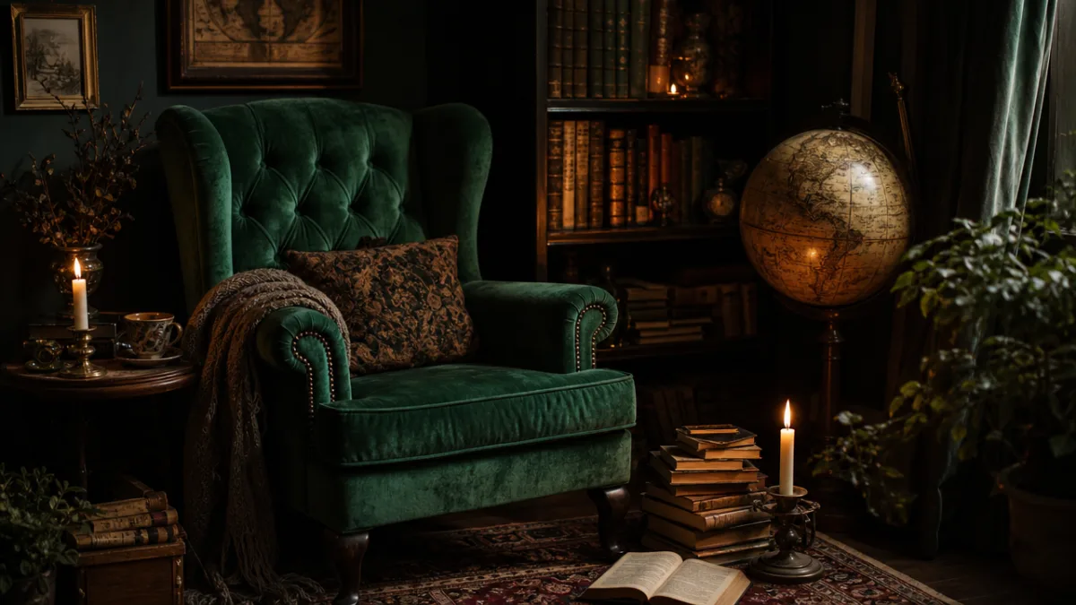 a cozy reading corner with tufted emerald velvet chair, antique globe, scattered…