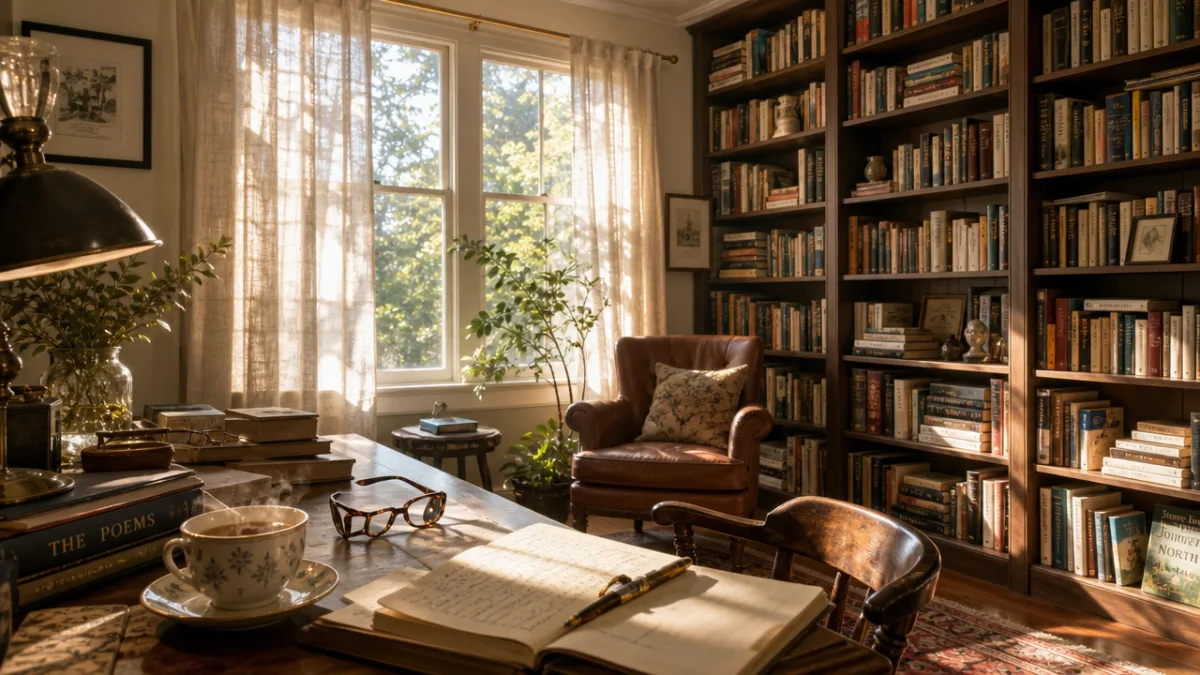 a sun-dappled home study with towering bookshelves, scattered reading glasses and tea…