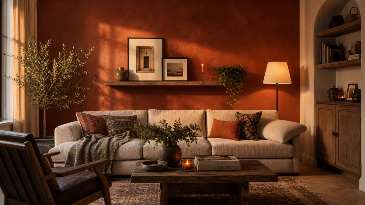 a cozy living room with a deep terracotta accent wall, warm evening…