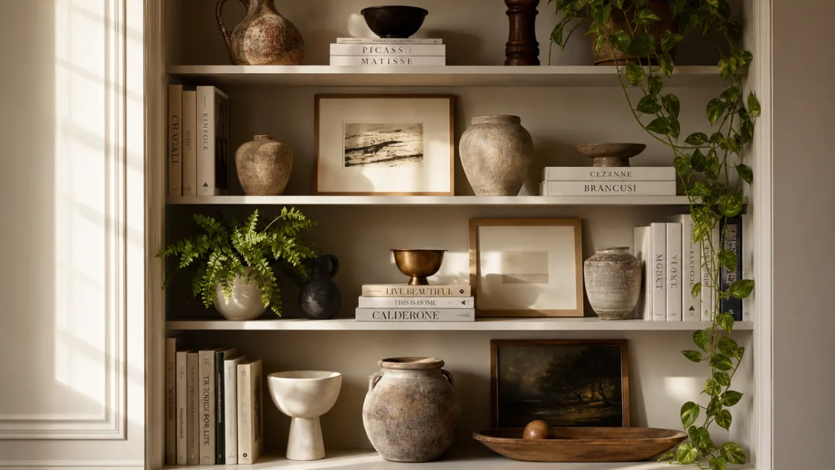 a beautifully styled bookshelf with layered ceramics, trailing plants, and art books,…