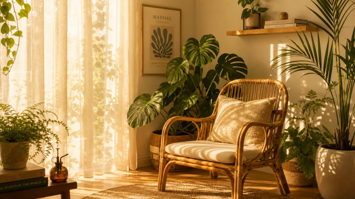 a sunlit corner with large leafy houseplants, a rattan chair, and warm…