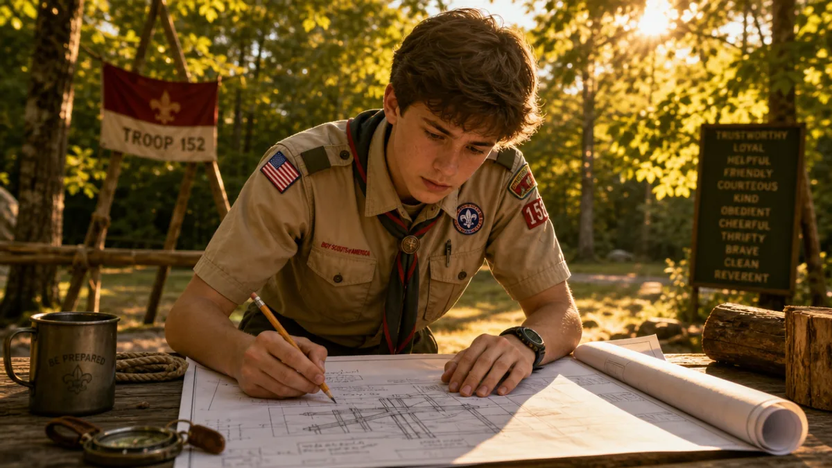 a determined teenage Scout in uniform reviewing blueprints outdoors, warm golden afternoon…
