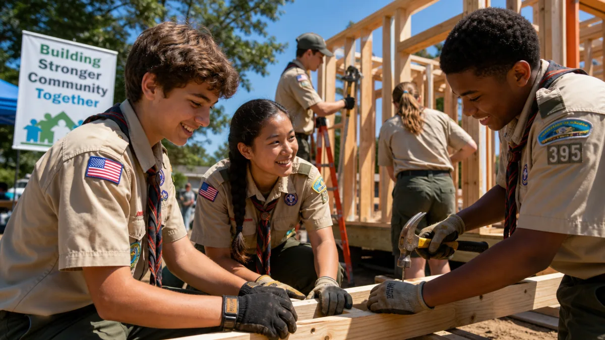 a group of teenage scouts working together on a community construction project,…