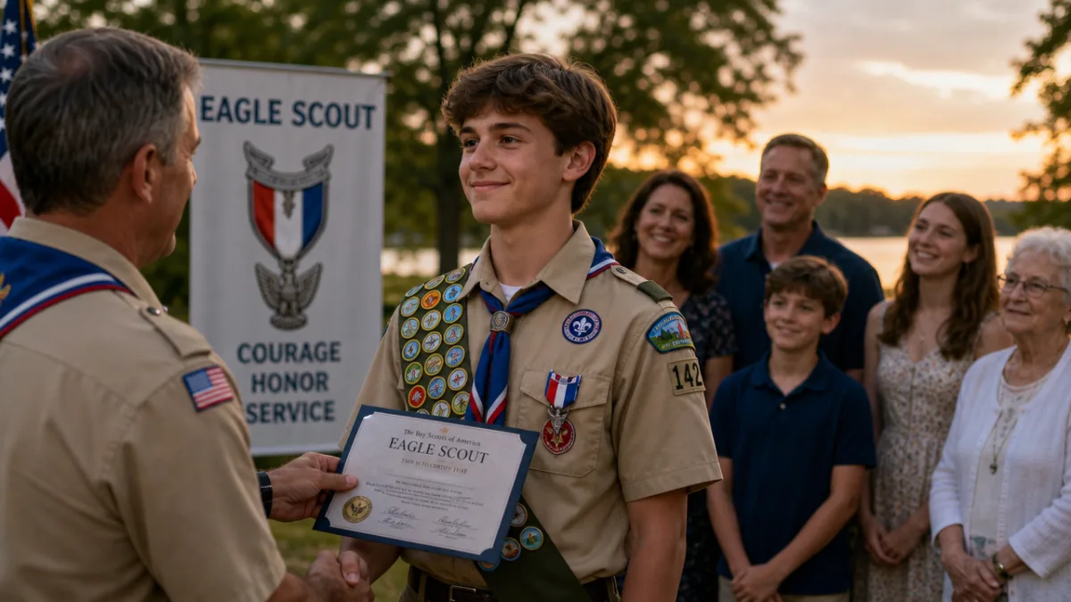 a proud Eagle Scout in full uniform receiving award at an outdoor…